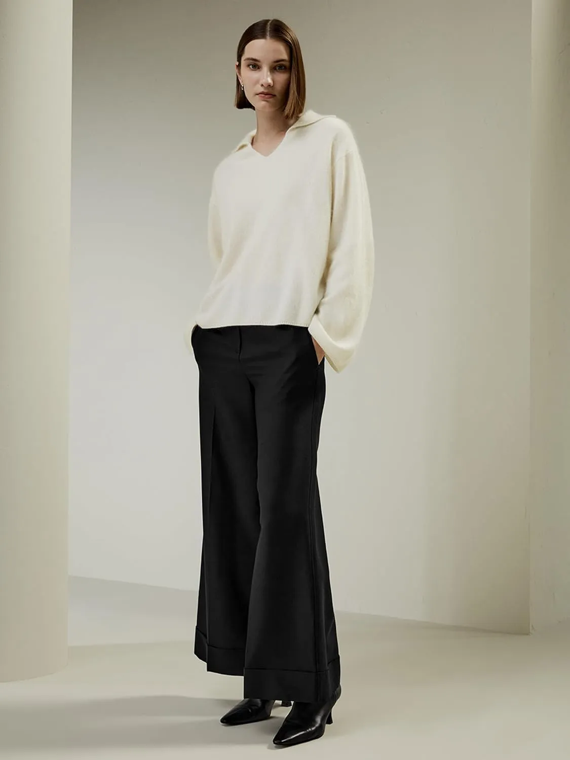 LilySilk 100% Cashmere Sweater for Women Oversized Turn-Down Collar with V-Neck & Long Wide Cuffs Soft Fluffy