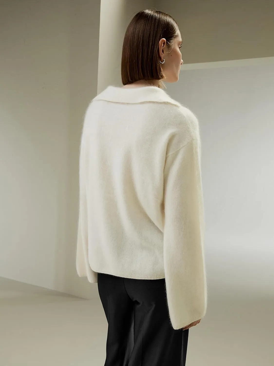LilySilk 100% Cashmere Sweater for Women Oversized Turn-Down Collar with V-Neck & Long Wide Cuffs Soft Fluffy