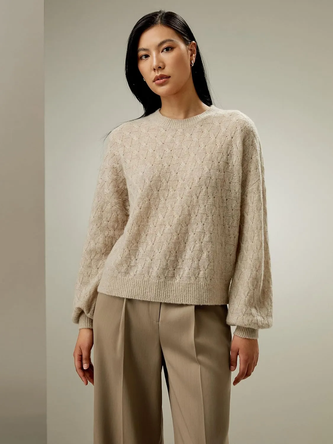 LilySilk Silk-Cashmere Blend Sweater for Women Crewneck Oversized Pullover Top Winter Fall Warm Lightweight Soft Long Sleeve
