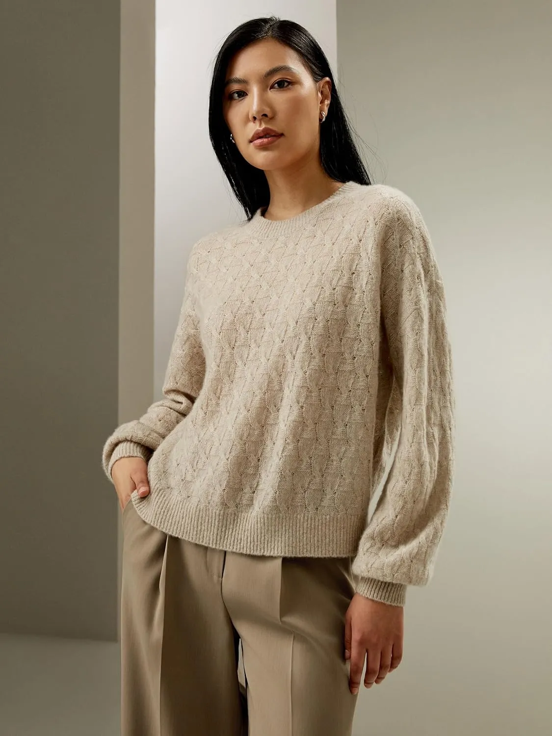 LilySilk Silk-Cashmere Blend Sweater for Women Crewneck Oversized Pullover Top Winter Fall Warm Lightweight Soft Long Sleeve