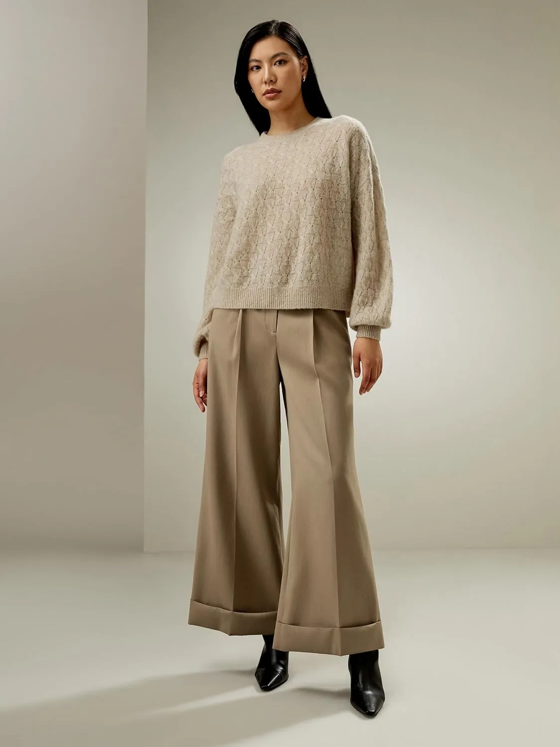 LilySilk Silk-Cashmere Blend Sweater for Women Crewneck Oversized Pullover Top Winter Fall Warm Lightweight Soft Long Sleeve