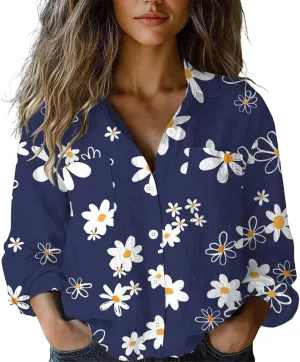 Linen Blouses for Women Dressy Casual Button Down Shirts Floral Printed Long Sleeve Blouse Business Casual Work Tops