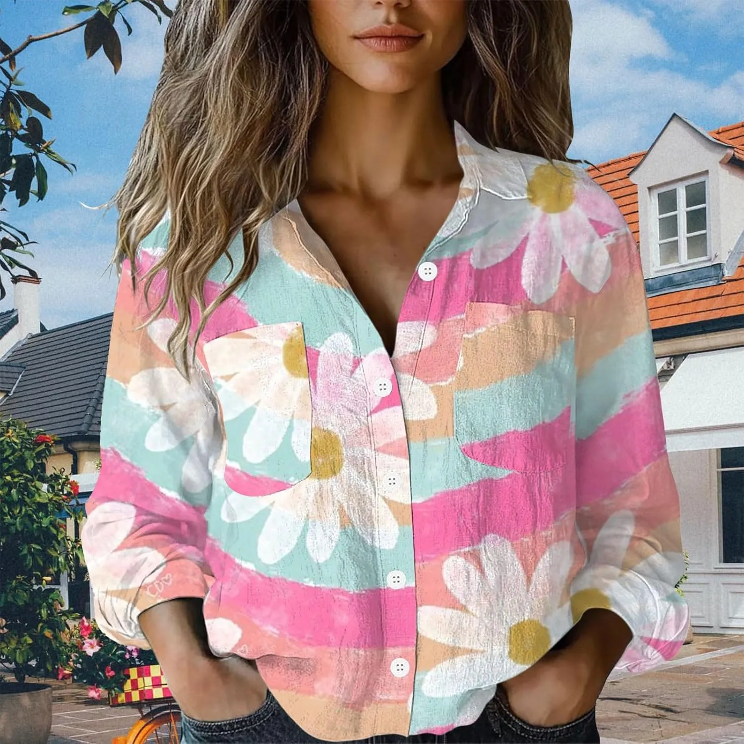 Linen Blouses for Women Dressy Casual Button Down Shirts Floral Printed Long Sleeve Blouse Business Casual Work Tops