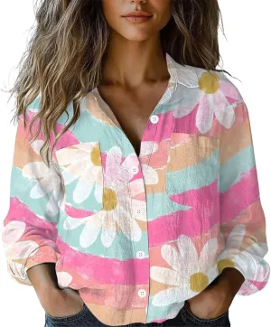Linen Blouses for Women Dressy Casual Button Down Shirts Floral Printed Long Sleeve Blouse Business Casual Work Tops