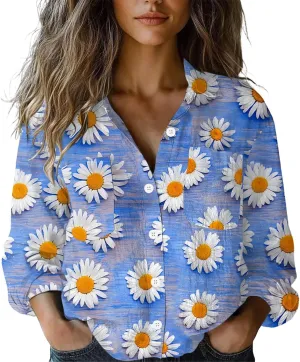 Linen Blouses for Women Dressy Casual Button Down Shirts Floral Printed Long Sleeve Blouse Business Casual Work Tops
