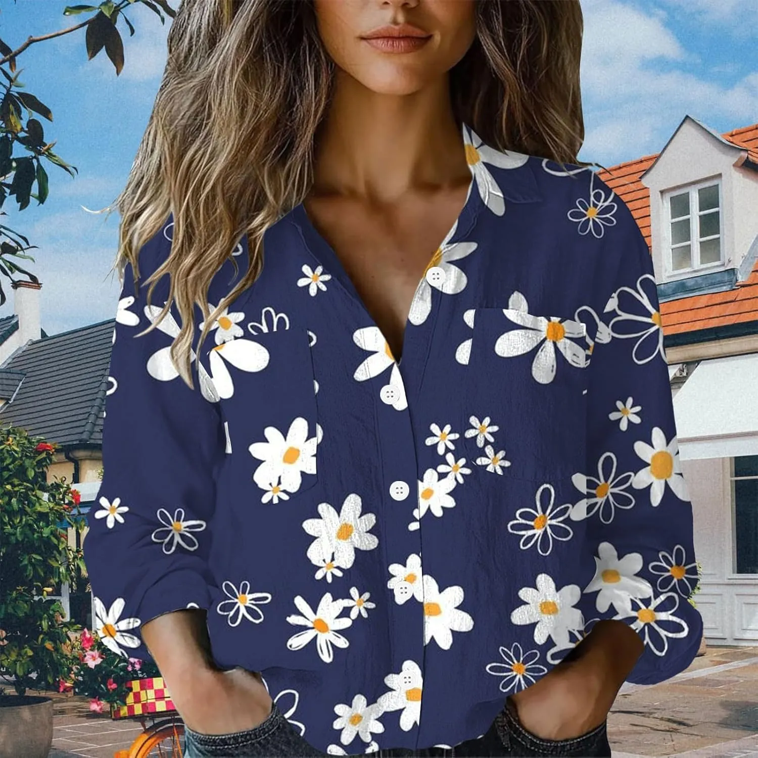 Linen Blouses for Women Dressy Casual Button Down Shirts Floral Printed Long Sleeve Blouse Business Casual Work Tops