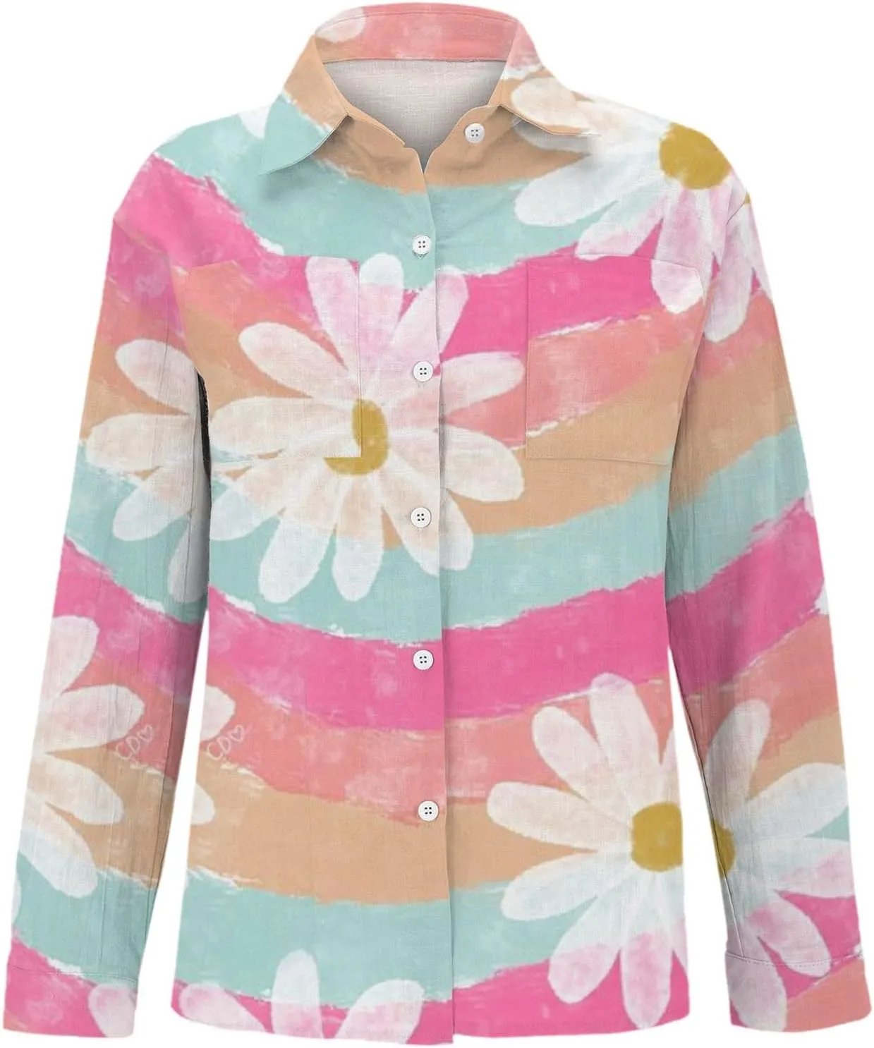 Linen Blouses for Women Dressy Casual Button Down Shirts Floral Printed Long Sleeve Blouse Business Casual Work Tops