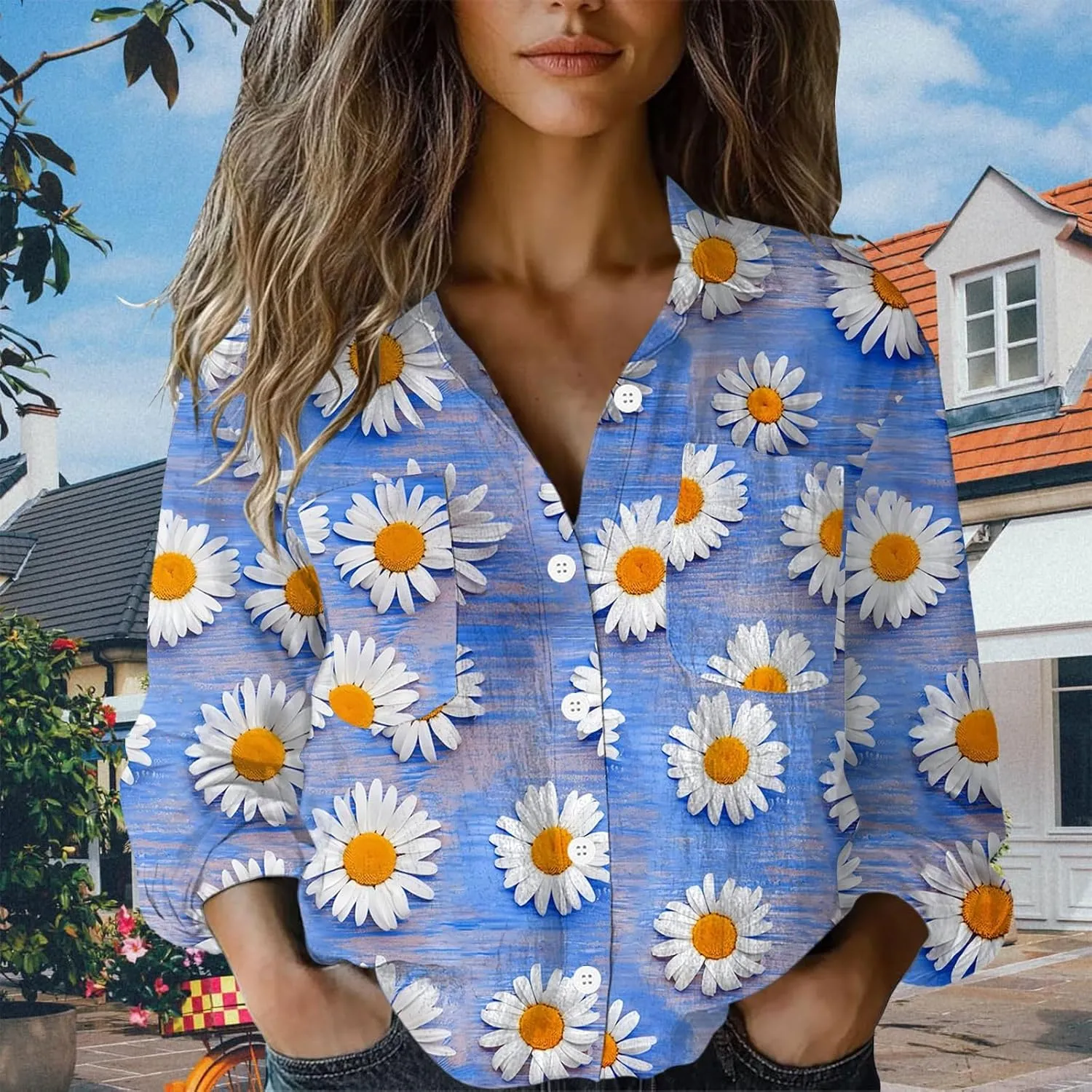 Linen Blouses for Women Dressy Casual Button Down Shirts Floral Printed Long Sleeve Blouse Business Casual Work Tops