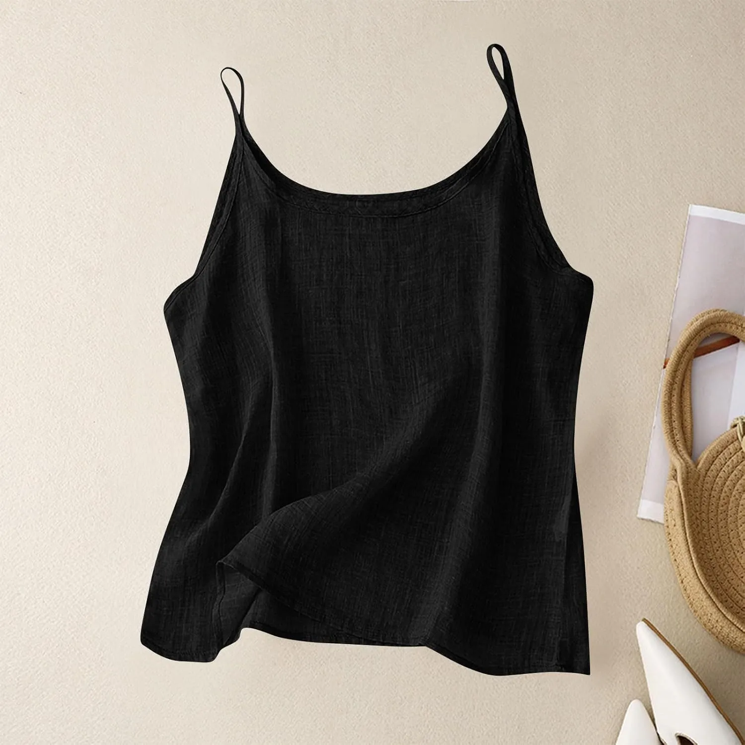 Linen Camisole Tops for Women Casual Tank Tops V-Neck Sleeveless Tops Summer Loose Fit Spaghetti Strap Cami Shirts