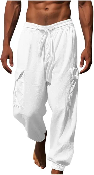 Linen Pants Men Elastic Waist Joggers Drawstring Cargo Pants Lightweight Summer Pants Loose Fit Trousers Dress Pants