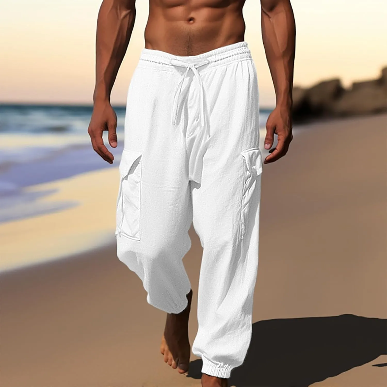 Linen Pants Men Elastic Waist Joggers Drawstring Cargo Pants Lightweight Summer Pants Loose Fit Trousers Dress Pants