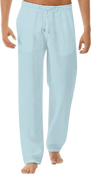 Linen Pants Mens Summer Beach Pant Casual Yoga Long Pants Baggy Pants Drawstring Elastic Waist Pants with Pockets