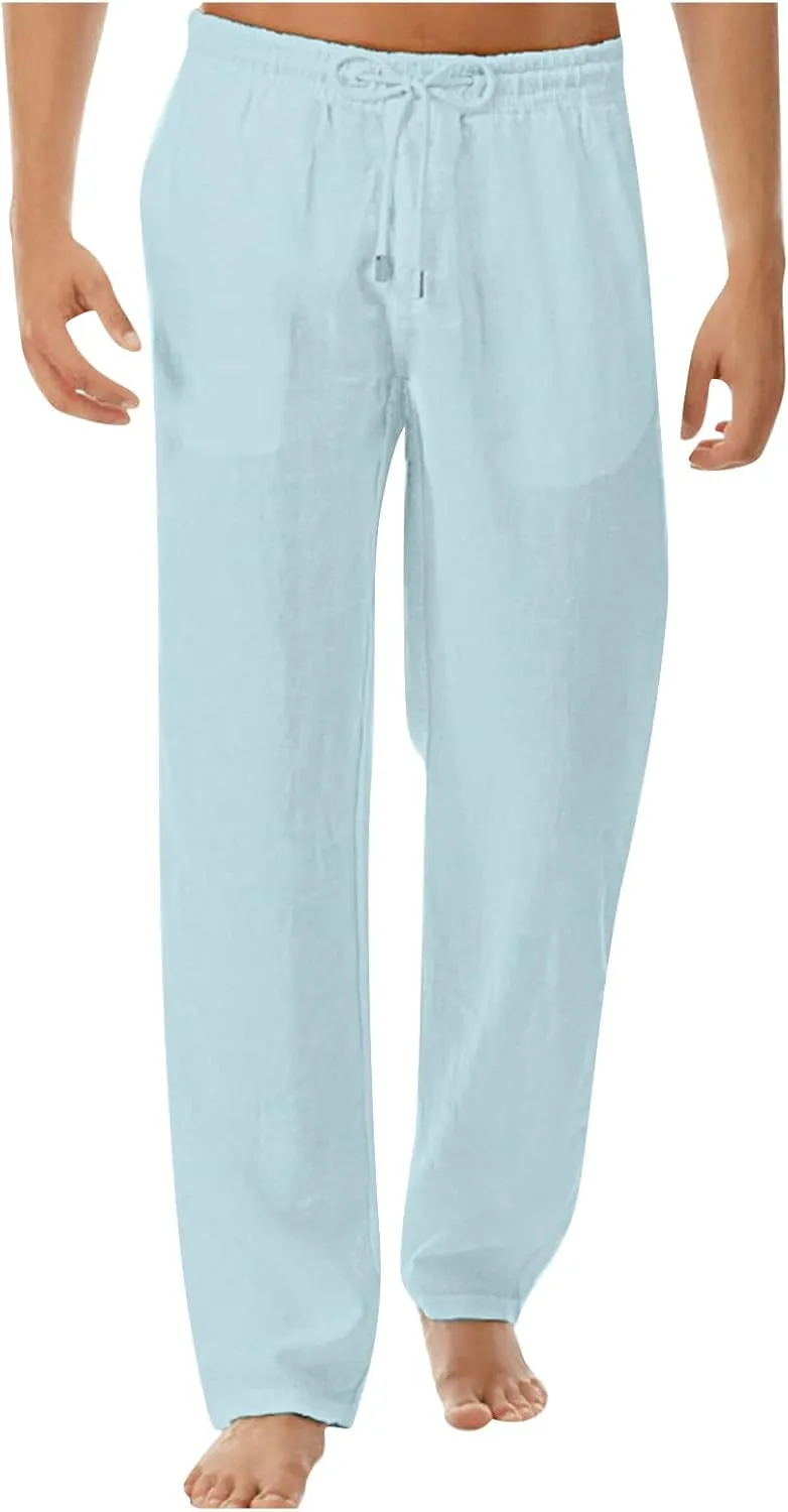 Linen Pants Mens Summer Beach Pant Casual Yoga Long Pants Baggy Pants Drawstring Elastic Waist Pants with Pockets
