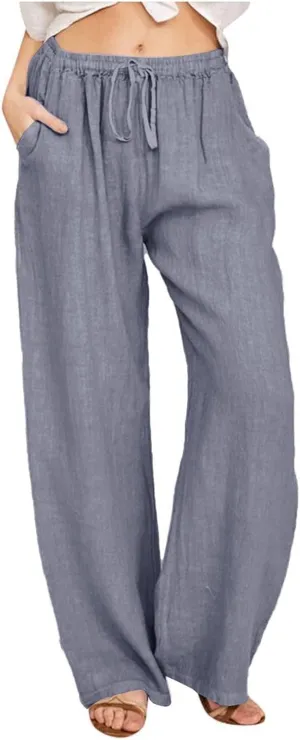 Linen Pants Women Elastic High Waisted Drawstring Petite Lounge Pants Palazzo Wide Leg Casual Summer Beach Trousers