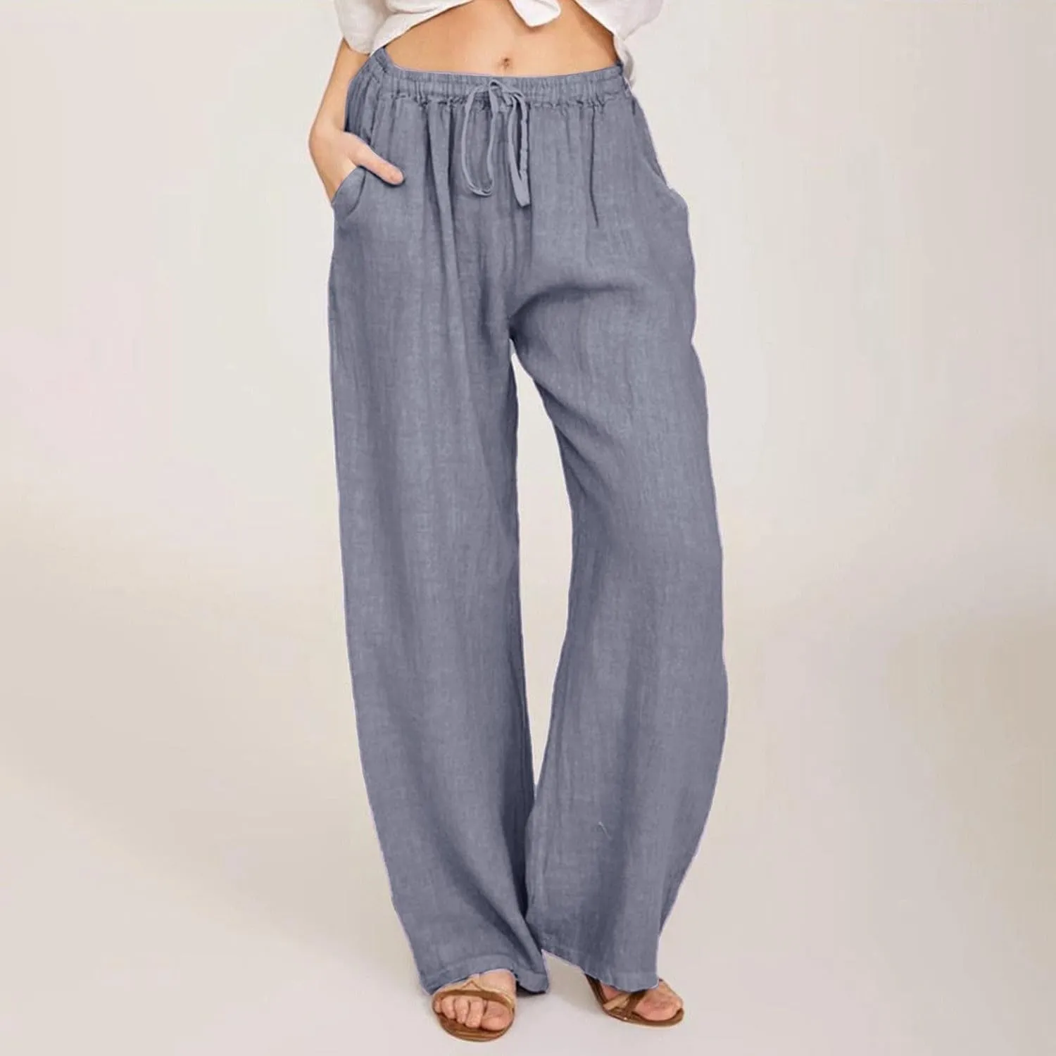 Linen Pants Women Elastic High Waisted Drawstring Petite Lounge Pants Palazzo Wide Leg Casual Summer Beach Trousers