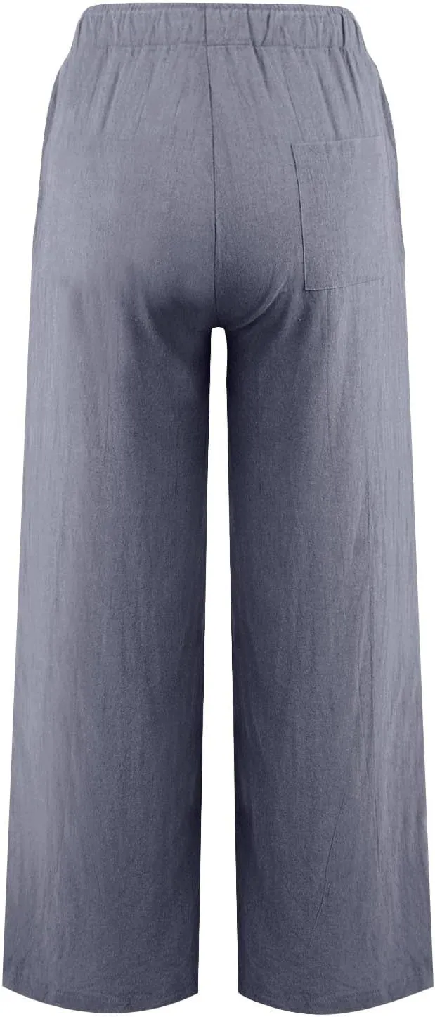 Linen Pants Women Elastic High Waisted Drawstring Petite Lounge Pants Palazzo Wide Leg Casual Summer Beach Trousers