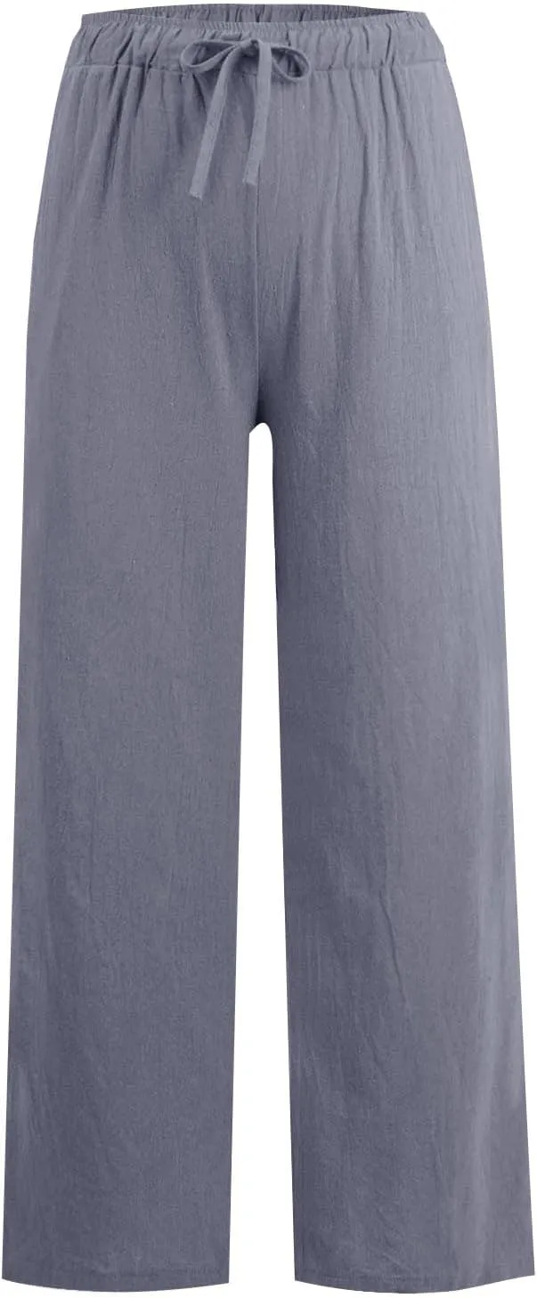 Linen Pants Women Elastic High Waisted Drawstring Petite Lounge Pants Palazzo Wide Leg Casual Summer Beach Trousers