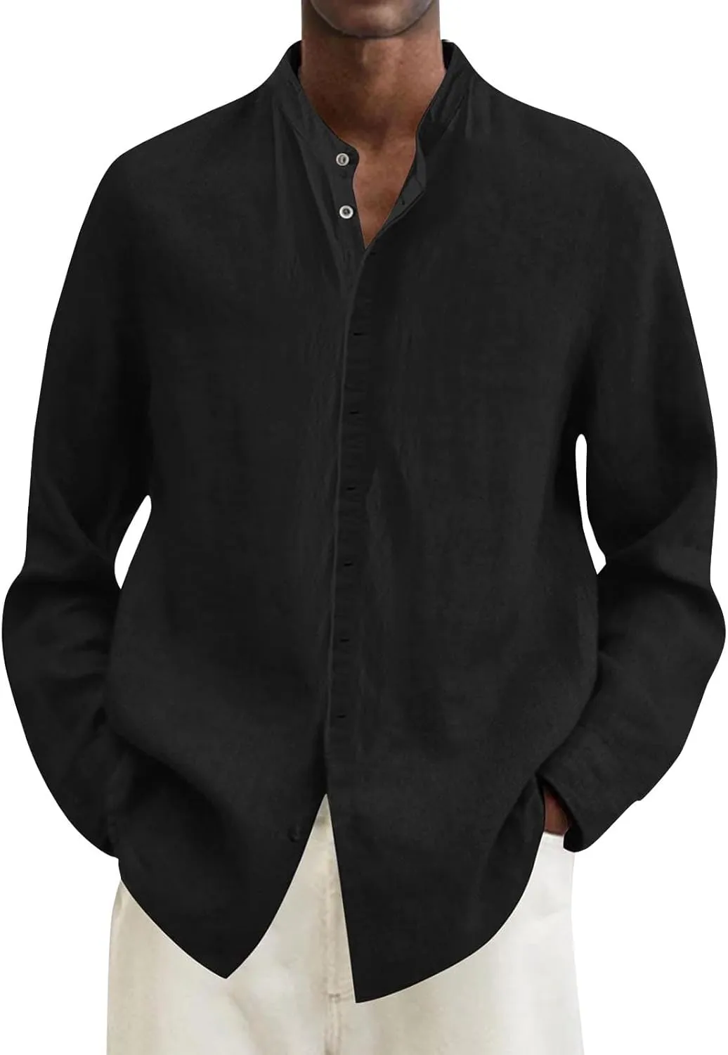 Linen Shirt for Men Long Sleeve Mandarin Collar Button Down Shirt Lightweight Breathable Beach Tops