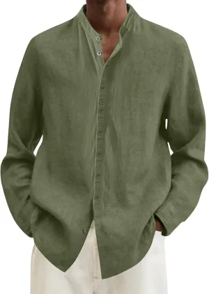 Linen Shirt for Men Long Sleeve Mandarin Collar Button Down Shirt Lightweight Breathable Beach Tops