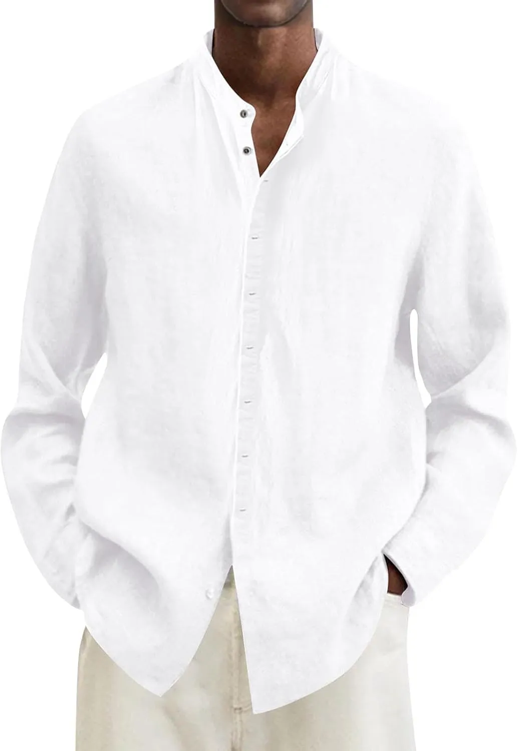 Linen Shirt for Men Long Sleeve Mandarin Collar Button Down Shirt Lightweight Breathable Beach Tops
