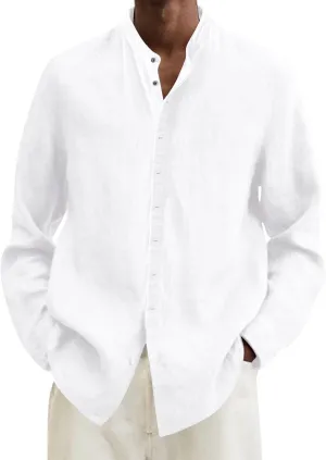 Linen Shirt for Men Long Sleeve Mandarin Collar Button Down Shirt Lightweight Breathable Beach Tops
