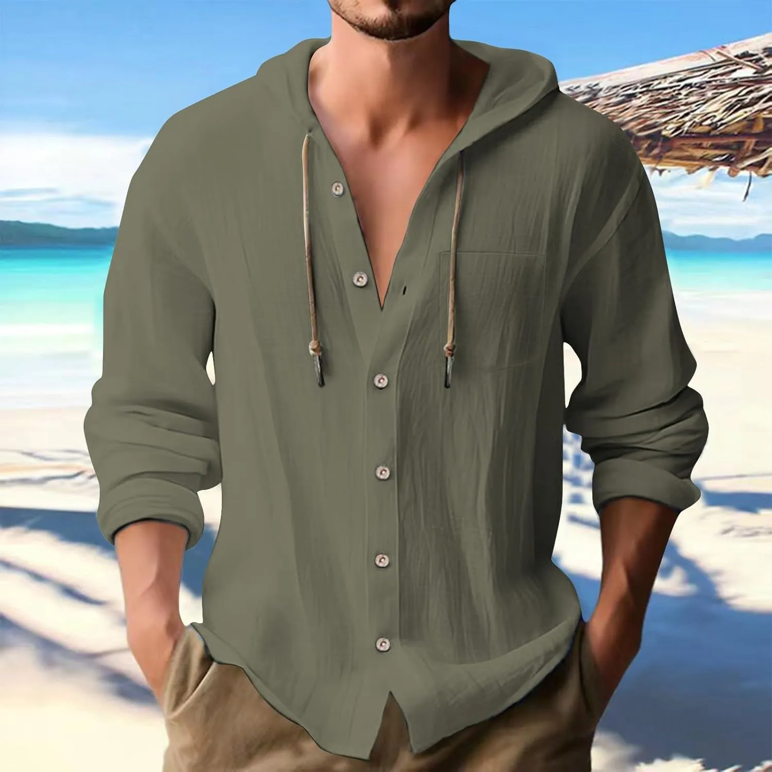 Linen Shirts for Men Long Sleeve Button Down Casual Hawaiian Shirt with Hood Lightweight Spring Summer Beach Hoodie