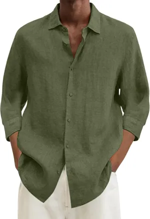 Linen Shirts for Men Summer Beach V Neck Button Casual Tops 2025 Trendy Boho 3/4 Sleeve Lightweight Tunic Blouses