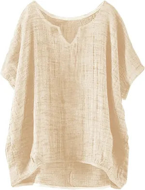 Linen Shirts for Women Summer Casual Trendy Boho Plus Size Shirts Crewneck Short Sleeve Cute Tops Loose Fit Blouses