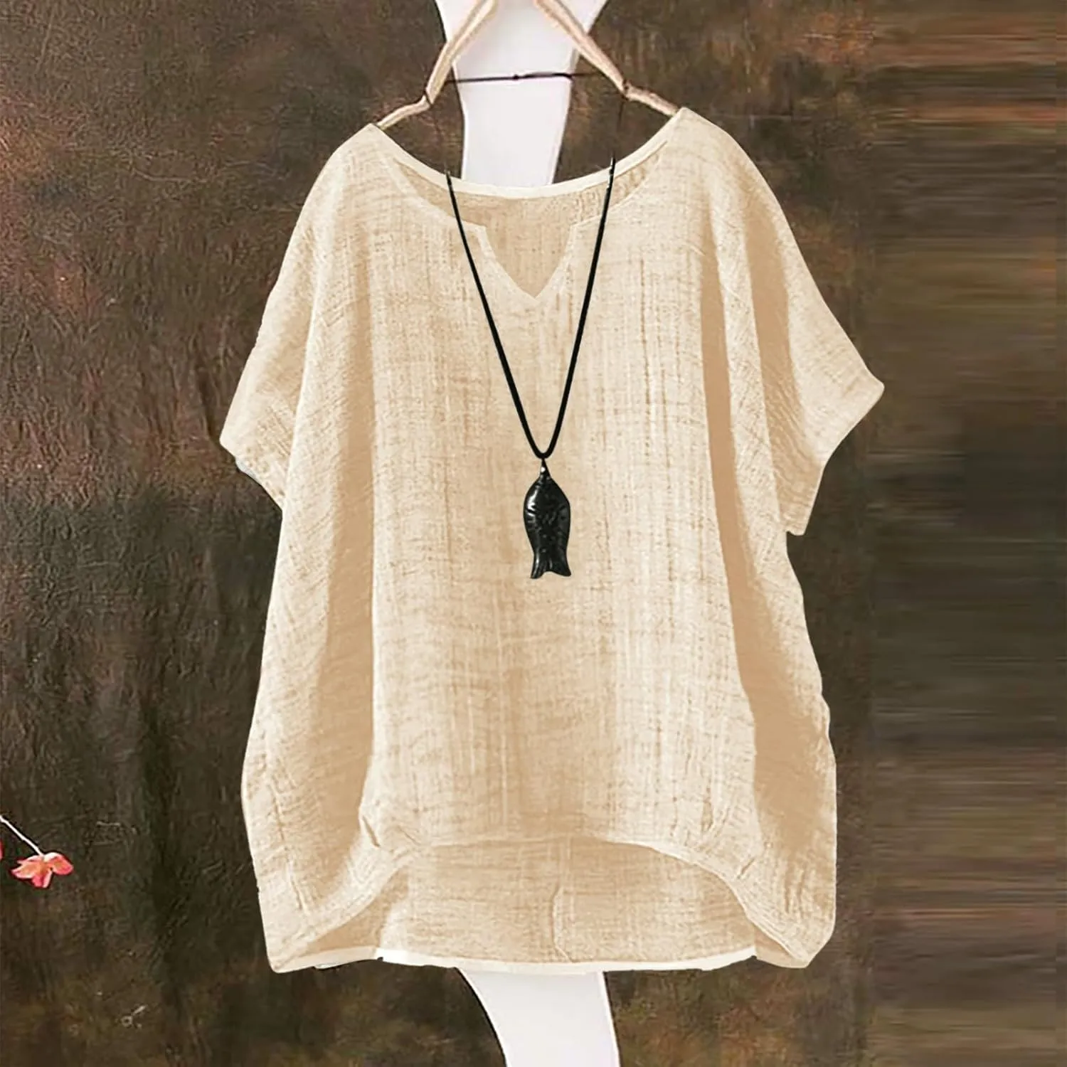 Linen Shirts for Women Summer Casual Trendy Boho Plus Size Shirts Crewneck Short Sleeve Cute Tops Loose Fit Blouses