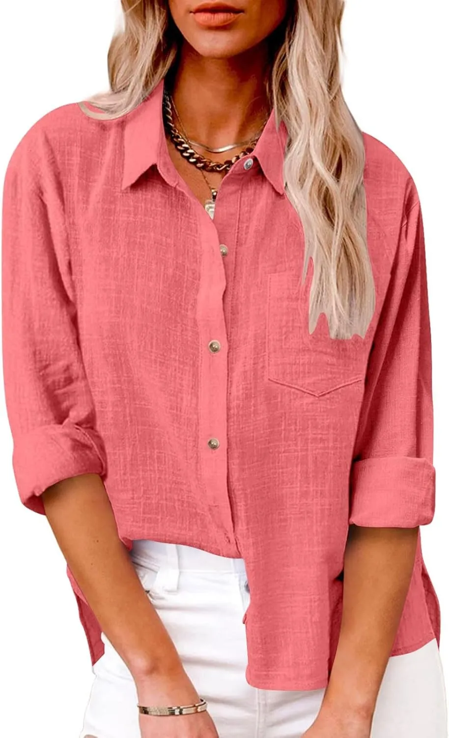 Linen Shirts for Women Summer Long Sleeve Lapel Button Down Shirt Lightweight Gauze Tops Loose Casual Blouses
