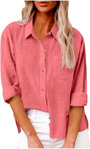 Linen Shirts for Women Summer Long Sleeve Lapel Button Down Shirt Lightweight Gauze Tops Loose Casual Blouses