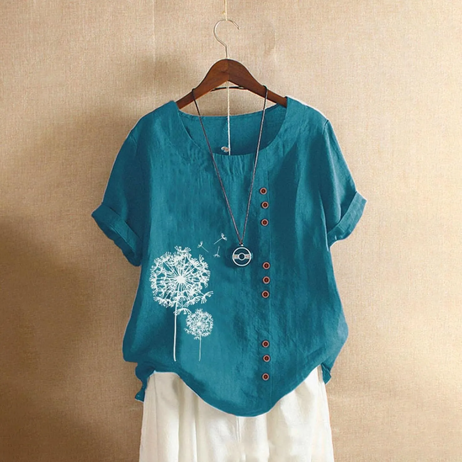 Linen Shirts for Women Summer Shirts Plus Size Tops Short Sleeve Floral Blouses Loose Fit Tunic Tops Soft Tshirts