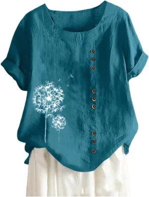 Linen Shirts for Women Summer Shirts Plus Size Tops Short Sleeve Floral Blouses Loose Fit Tunic Tops Soft Tshirts
