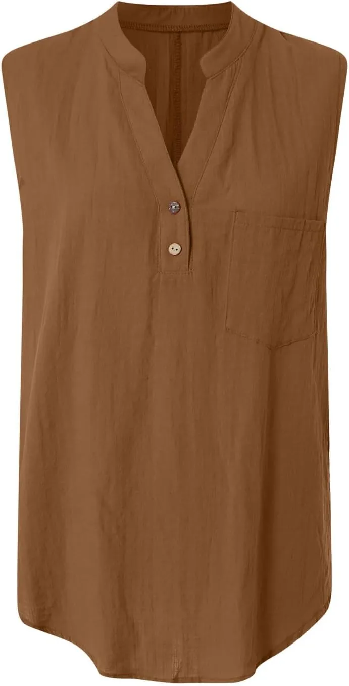 Linen Tank Tops for Women Loose Fit Summer Tops Trendy Sleeveless Casual Button V Neck Tunic Blouses Outfits 2025