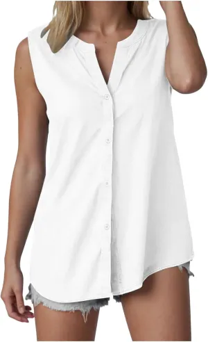 Linen Tank Tops for Women Loose Fit Summer Tops Trendy Sleeveless Casual Button V Neck Tunic Blouses Outfits 2025