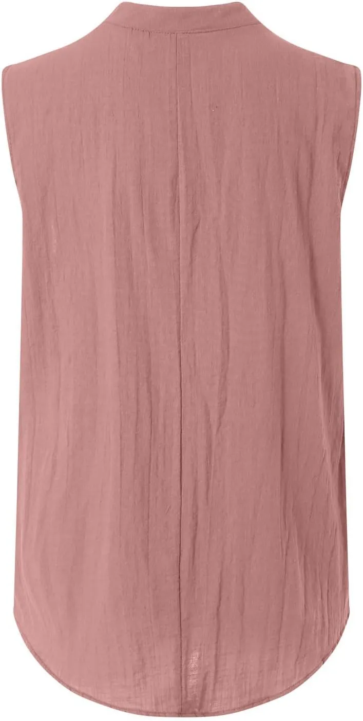 Linen Tank Tops for Women Loose Fit Summer Tops Trendy Sleeveless Casual Button V Neck Tunic Blouses Outfits 2025