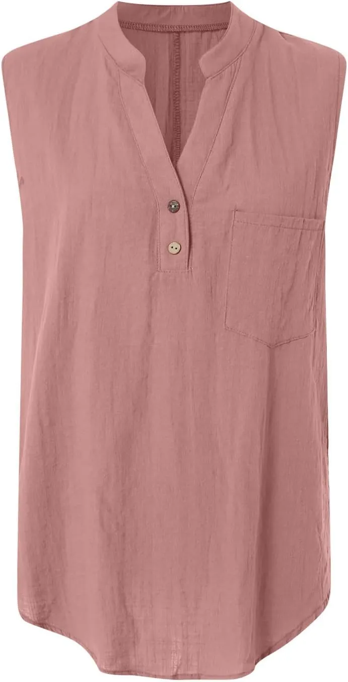 Linen Tank Tops for Women Loose Fit Summer Tops Trendy Sleeveless Casual Button V Neck Tunic Blouses Outfits 2025