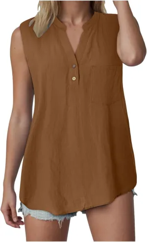 Linen Tank Tops for Women Loose Fit Summer Tops Trendy Sleeveless Casual Button V Neck Tunic Blouses Outfits 2025
