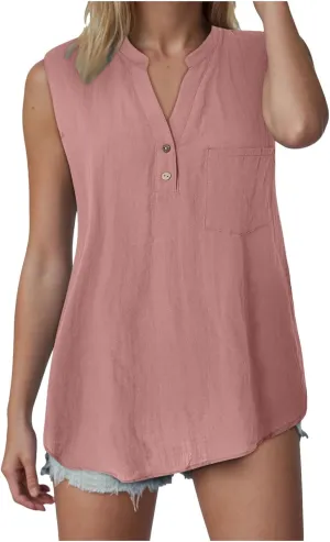 Linen Tank Tops for Women Loose Fit Summer Tops Trendy Sleeveless Casual Button V Neck Tunic Blouses Outfits 2025