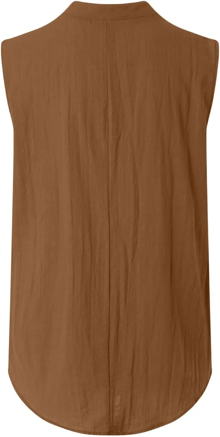 Linen Tank Tops for Women Loose Fit Summer Tops Trendy Sleeveless Casual Button V Neck Tunic Blouses Outfits 2025