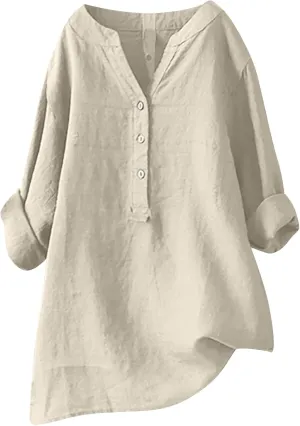 Linen Tops for Women 2025 Summer Button Down Blouses Casual Loose 3/4 Sleeve Shirts V Neck Vacation Henley Tunic