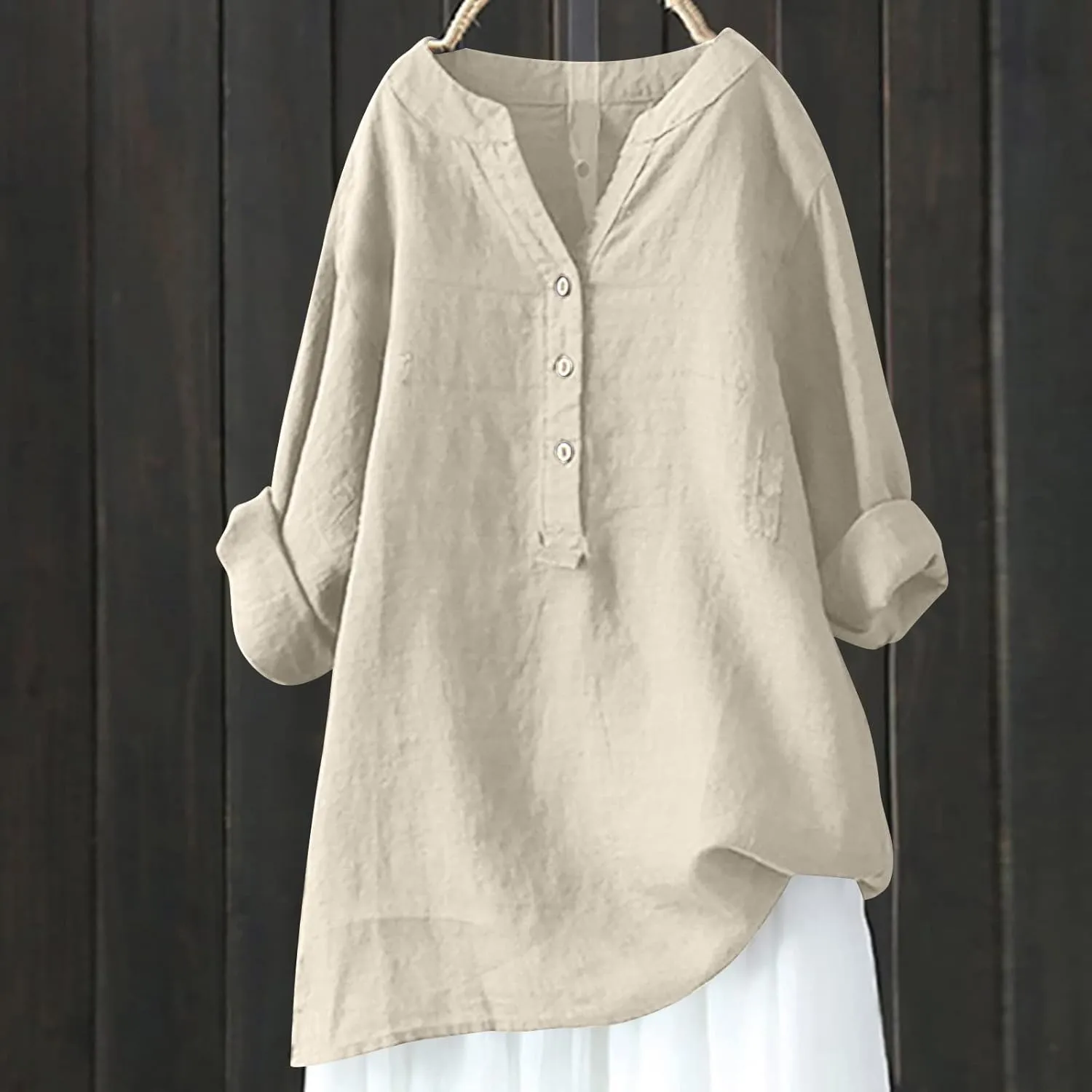Linen Tops for Women 2025 Summer Button Down Blouses Casual Loose 3/4 Sleeve Shirts V Neck Vacation Henley Tunic