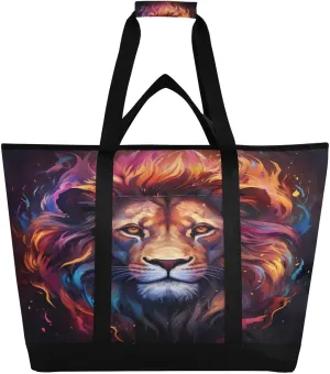 Lion Black Tote Bag for Women with Zipper Reusable Grocery Bags Foldable Insulated Cooler Bag Shopping Bags Totes Handbags for Groceries Picnic Travel Work Beach