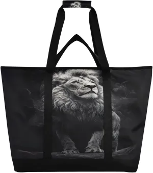 Lion Dark Tote Bag for Women with Zipper Reusable Grocery Bags Foldable Insulated Cooler Bag Handbags Totes Shopping Bags for Groceries Travel Picnic Beach Work