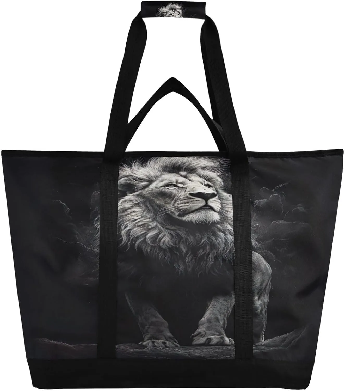 Lion Dark Tote Bag for Women with Zipper Reusable Grocery Bags Foldable Insulated Cooler Bag Handbags Totes Shopping Bags for Groceries Travel Picnic Beach Work