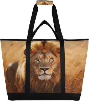 Lion Tote Bag for Women with Zipper Reusable Grocery Bags Foldable Insulated Cooler Bag Handbags Totes Shopping Bags for Groceries Picnic Travel Work Beach