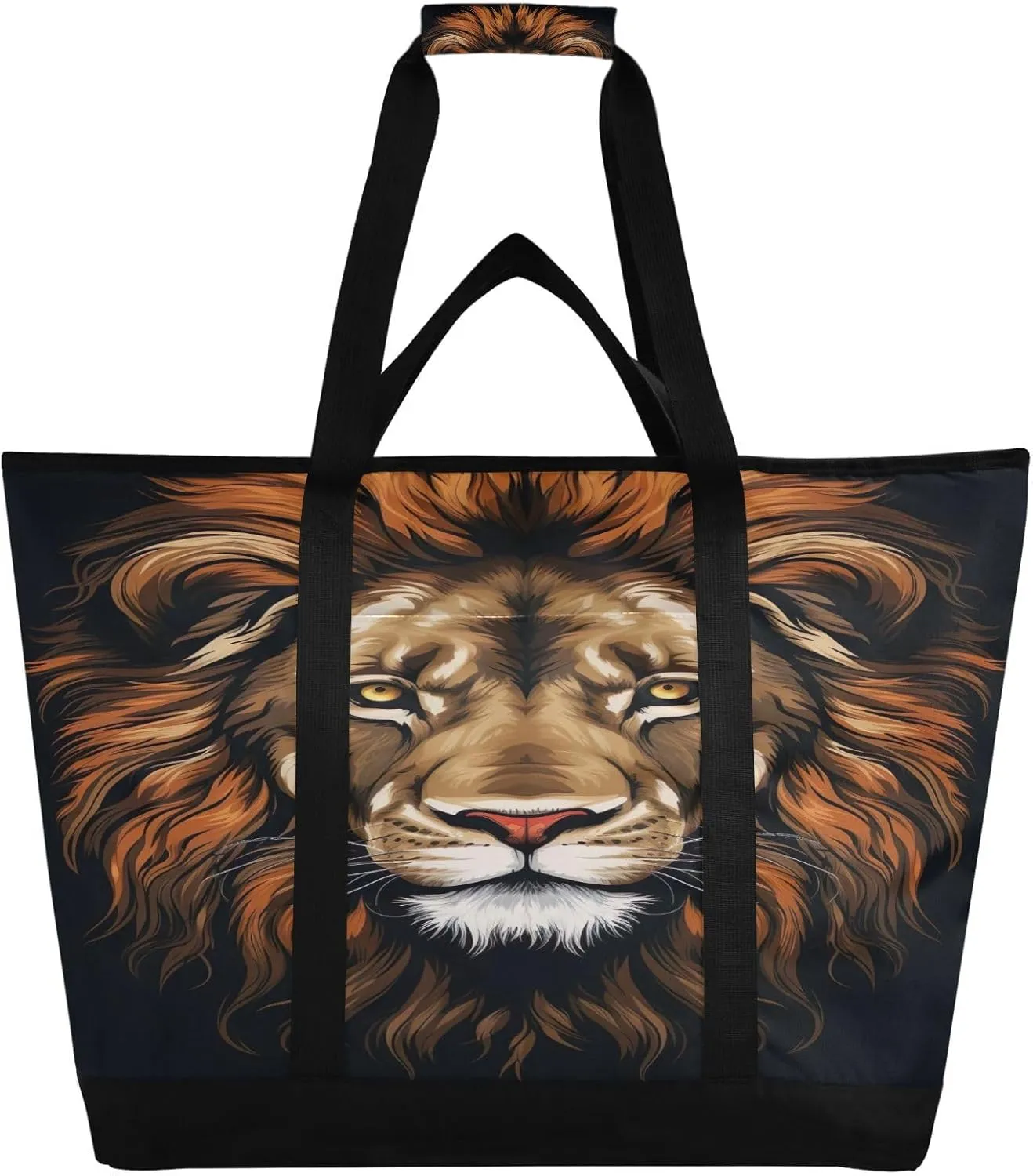 Lion Tote Bag for Women with Zipper Reusable Grocery Bags Foldable Insulated Cooler Bag Totes Shopping Bags Handbags for Groceries Beach Travel Work Picnic