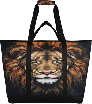 Lion Tote Bag for Women with Zipper Reusable Grocery Bags Foldable Insulated Cooler Bag Totes Shopping Bags Handbags for Groceries Beach Travel Work Picnic