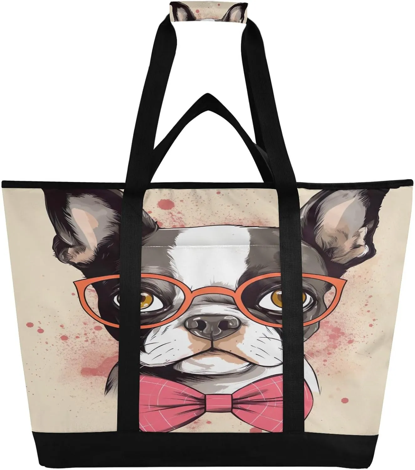 Little Bulldog Tote Bag for Women with Zipper Reusable Grocery Bags Foldable Insulated Cooler Bag Handbags Shopping Bags Totes for Groceries Travel Beach Picnic Work