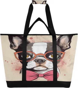 Little Bulldog Tote Bag for Women with Zipper Reusable Grocery Bags Foldable Insulated Cooler Bag Handbags Shopping Bags Totes for Groceries Travel Beach Picnic Work